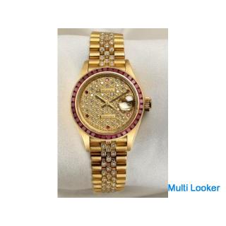 Rare Rolex Lady DateJust 69098 18k Yellow Gold Gold Dispersed Pave Diamond & Ruby Dial